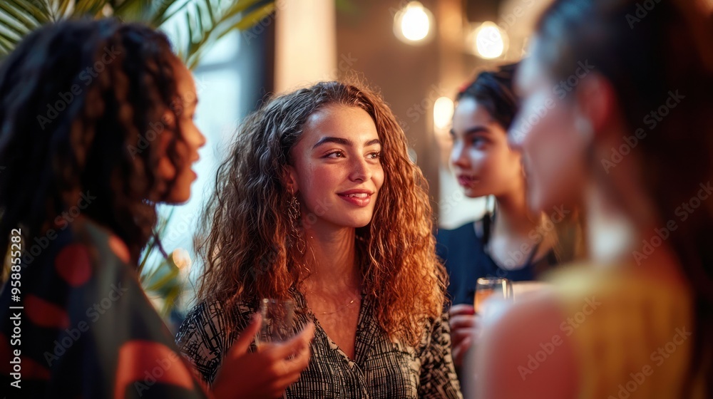 Group of young women talking at a social event. Group of young women talking at a social event.