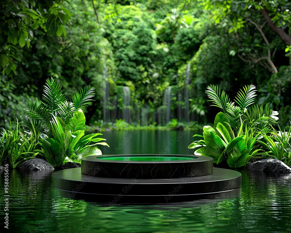 Serene nature scene with a reflective water surface and lush greenery surrounding a circular platform. Serene nature scene with a reflective water surface and lush greenery surrounding a circular platform.