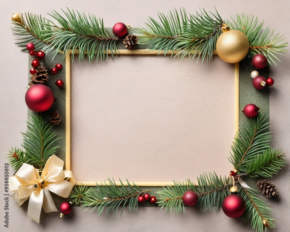 Marry Christmas greeting card frame with fir and decoration Marry Christmas greeting card frame with fir and decoration