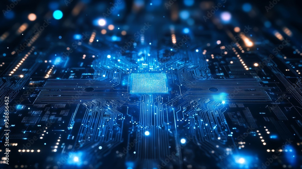 Fototapeta premium Abstract Blue Circuit Board with Glowing Lights Technology Background