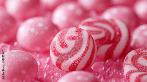 Colorful pink and white swirled candies surrounded by vibrant pink gumdrops on a textured surface