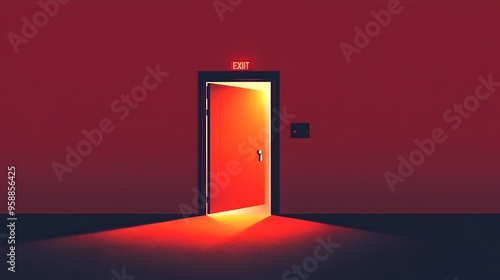 Illuminated Exit Hatch on a Crimson Background in Flat Design