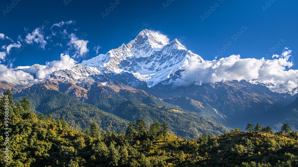 High-resolution time-lapse of the Himalayas showing sunlit peaks moving clouds and the contrast of snow against blue sky and green vegetation High-resolution time-lapse of the Himalayas showing sunlit peaks moving clouds and the contrast of snow against blue sky and green vegetation