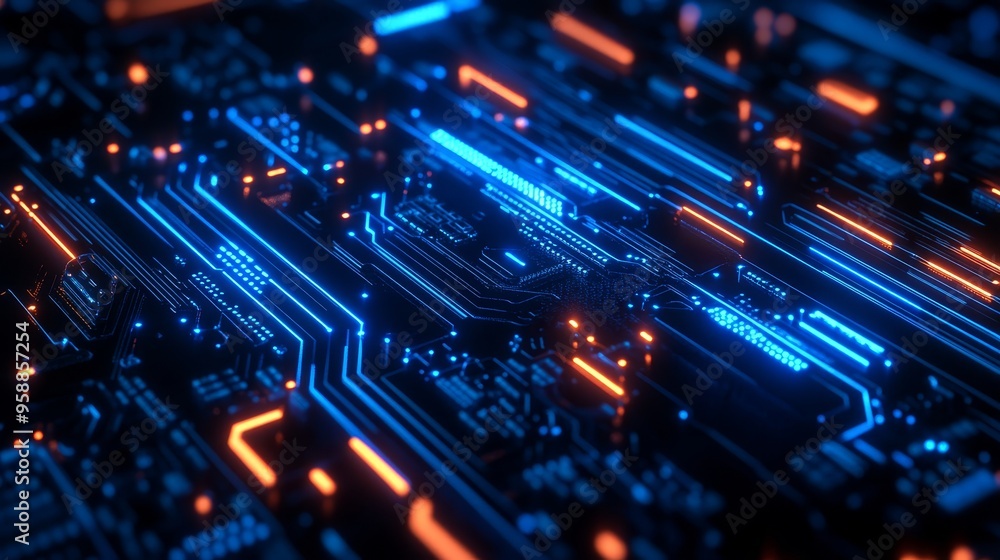 Futuristic Circuit Board with Glowing Blue and Orange Lines Futuristic Circuit Board with Glowing Blue and Orange Lines