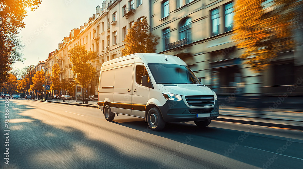 Fototapeta premium White modern delivery small shipment cargo courier van moving fast on motorway road to city
