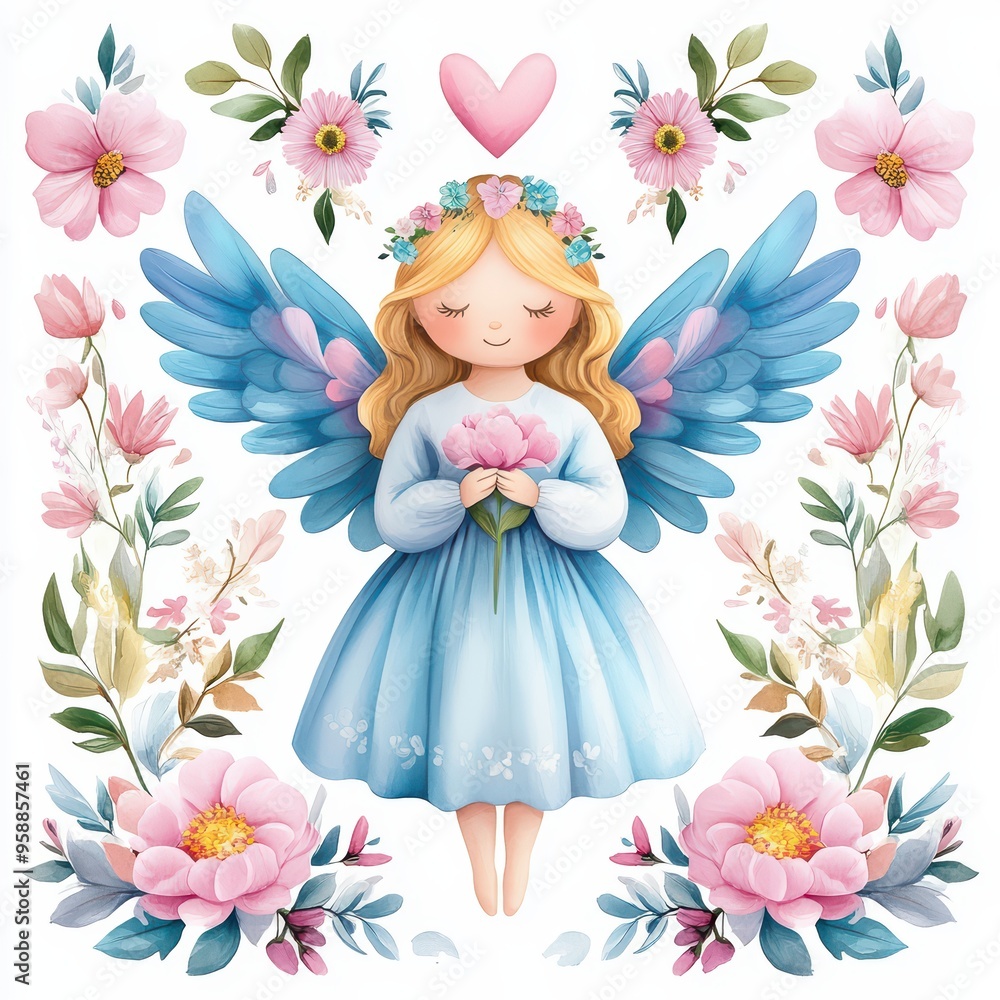 A whimsical angel with blue wings holds flowers, surrounded by pastel blooms, embodying love and serenity in a charming illustration. A whimsical angel with blue wings holds flowers, surrounded by pastel blooms, embodying love and serenity in a charming illustration.
