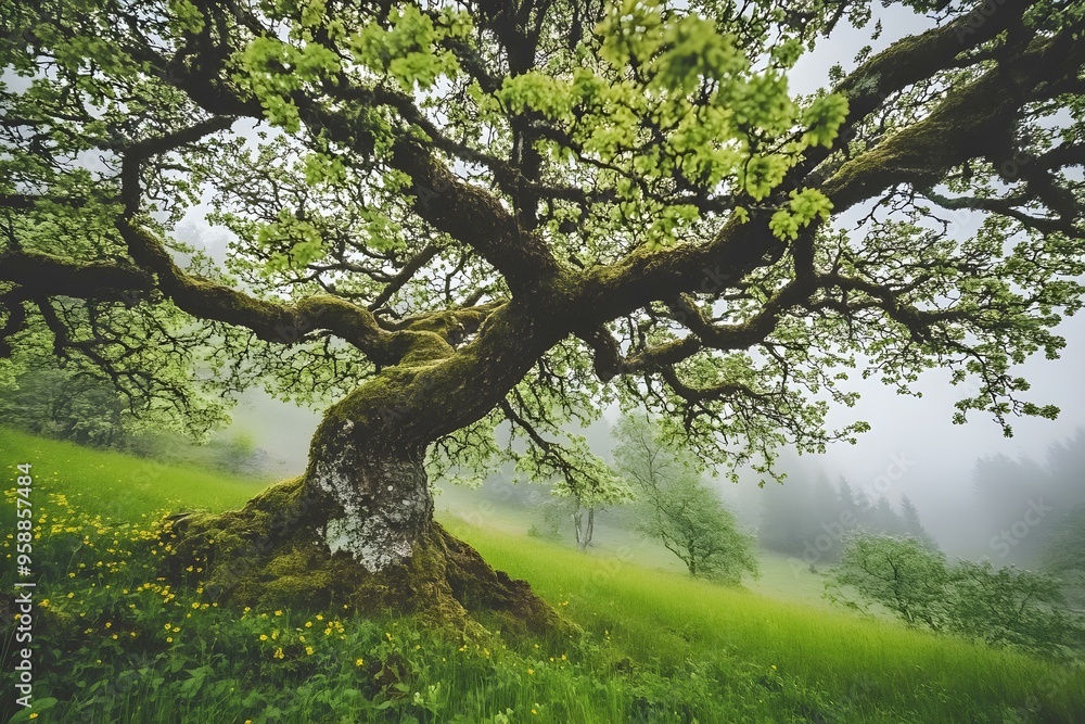 Fototapeta premium Large Tree in a Foggy Meadow