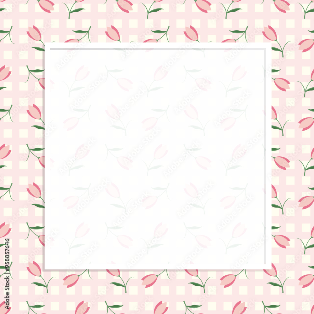 Cute kawaii notepad poster with tulip flower grid background Cute kawaii notepad poster with tulip flower grid background
