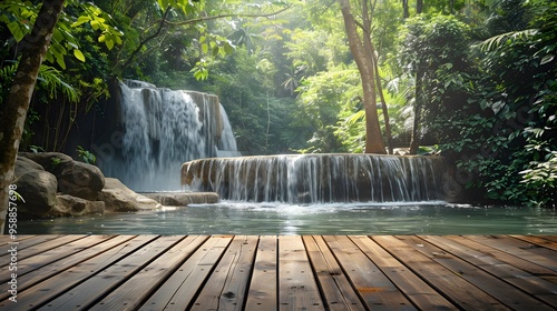 Tropical Waterfall with Wooden Deck and Lush Greenery