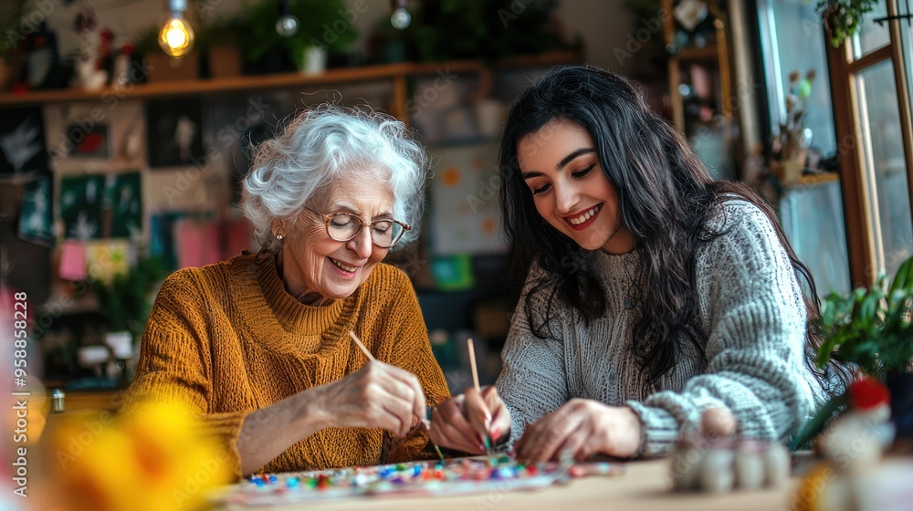 Old and young women working on a craft project side by side. Old and young women working on a craft project side by side.