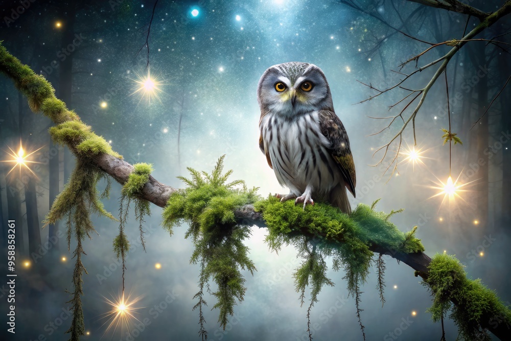 A wispy, ethereal owl perches on a misty, moss-covered branch, surrounded by twinkling stars and soft, luminescent mist, evoking a sense of mystique and wonder. A wispy, ethereal owl perches on a misty, moss-covered branch, surrounded by twinkling stars and soft, luminescent mist, evoking a sense of mystique and wonder.