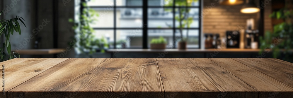 Rustic wooden tabletop in foreground, blurred modern kitchen interior with large windows and greenery visible in background, creating cozy atmosphere. Rustic wooden tabletop in foreground, blurred modern kitchen interior with large windows and greenery visible in background, creating cozy atmosphere.