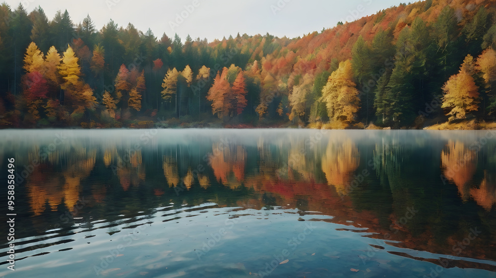 Obraz premium Tranquil autumn lake reflecting vibrant fall foliage in a serene forest setting during early morning hours