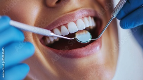 Close-up of a dental examination in progress, showcasing pristine white teeth being inspected with professional tools, emphasizing oral health and care.