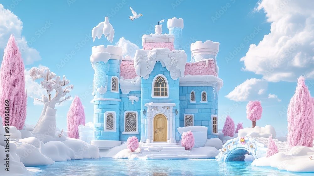 A whimsical ice castle surrounded by fluffy clouds, pink trees, and serene water, perfect for dreams and fairy tales. A whimsical ice castle surrounded by fluffy clouds, pink trees, and serene water, perfect for dreams and fairy tales.