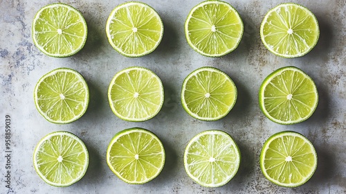 Twelve lime slices neatly arranged in four rows of three on a grey surface. photo