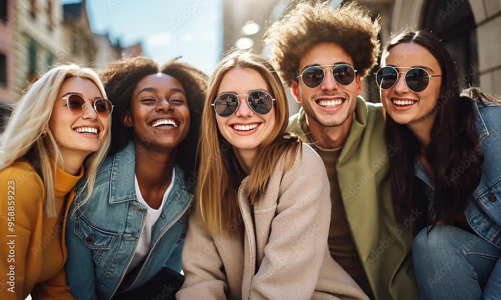 Urban Vibe: A group of diverse friends, wearing stylish sunglasses, radiate joy and camaraderie as they pose for a photo together in a vibrant urban setting. Urban Vibe: A group of diverse friends, wearing stylish sunglasses, radiate joy and camaraderie as they pose for a photo together in a vibrant urban setting.