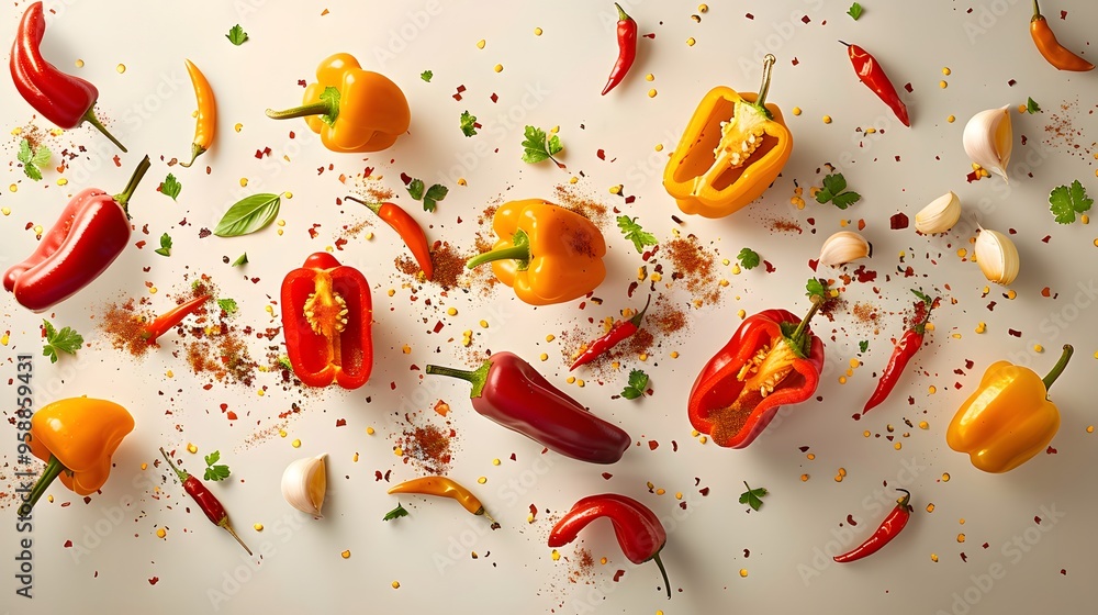 Red and Yellow Peppers Garlic and Chili Flakes on White Background Red and Yellow Peppers Garlic and Chili Flakes on White Background