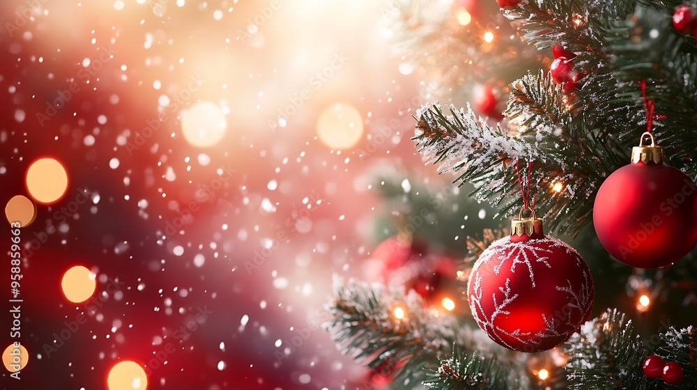 A close-up of a Christmas tree with red ornaments and snow falling. A close-up of a Christmas tree with red ornaments and snow falling.