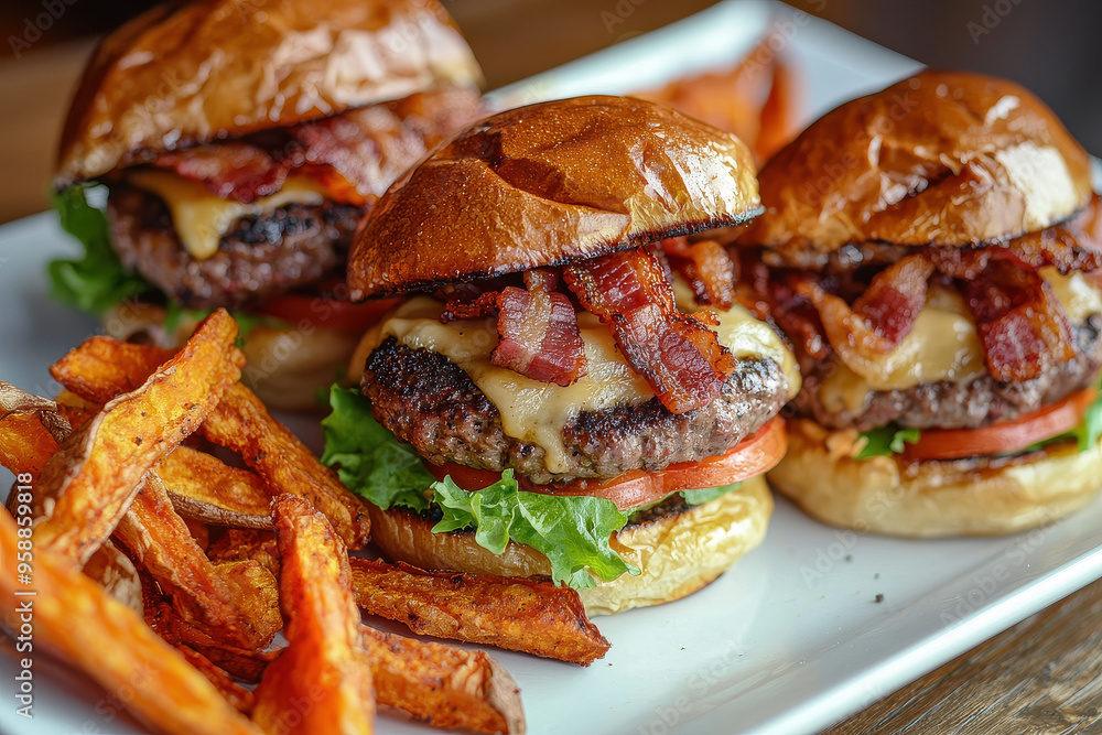 Three juicy burgers topped with bacon and cheese, sitting on buns with lettuce and tomato, accompanied by a generous portion of sweet potato fries, all on a white plate. Three juicy burgers topped with bacon and cheese, sitting on buns with lettuce and tomato, accompanied by a generous portion of sweet potato fries, all on a white plate.