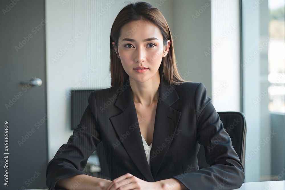 Professional businesswoman in black suit sitting in office Professional businesswoman in black suit sitting in office