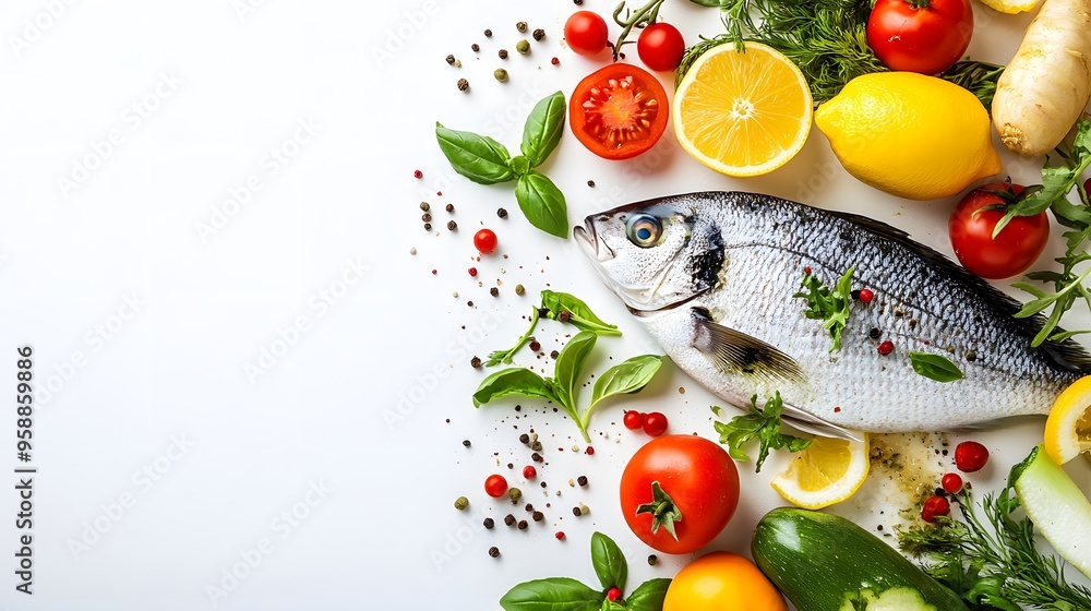 Fresh Whole Fish with Lemon Tomatoes and Herbs on White Background Fresh Whole Fish with Lemon Tomatoes and Herbs on White Background