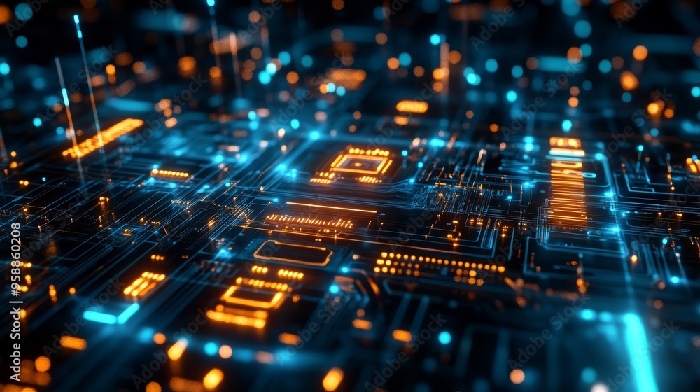 Abstract Futuristic Circuit Board with Glowing Orange and Blue Lines Abstract Futuristic Circuit Board with Glowing Orange and Blue Lines