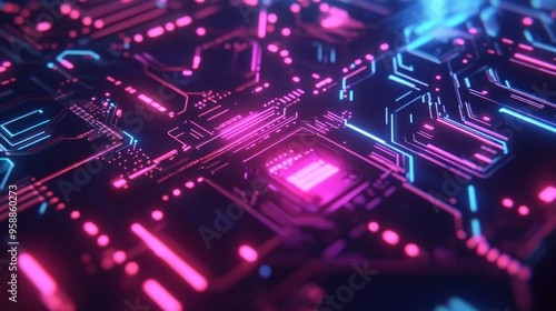 Abstract Futuristic Technology Circuit Board with Pink and Blue Neon Lights