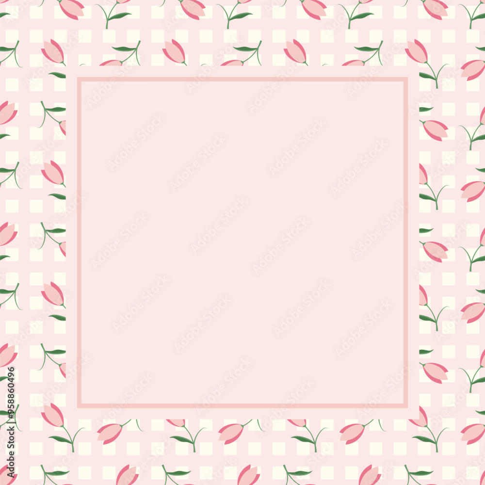 Cute kawaii notepad poster with tulip flower grid background Cute kawaii notepad poster with tulip flower grid background