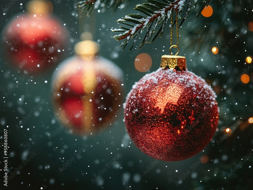 Crimson Sparkle: Red Christmas ornaments shimmer on a snow-dusted evergreen bough, capturing the magic of the holiday season. Crimson Sparkle: Red Christmas ornaments shimmer on a snow-dusted evergreen bough, capturing the magic of the holiday season.