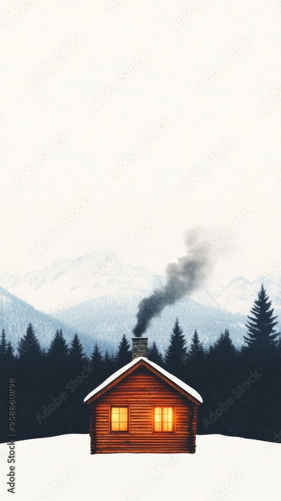 Small wooden cabin in the snowy mountains smoke rising from the chimney warm light from the windows surrounded by snowcovered trees cozy winter retreat white and brown palette Small wooden cabin in the snowy mountains smoke rising from the chimney warm light from the windows surrounded by snowcovered trees cozy winter retreat white and brown palette
