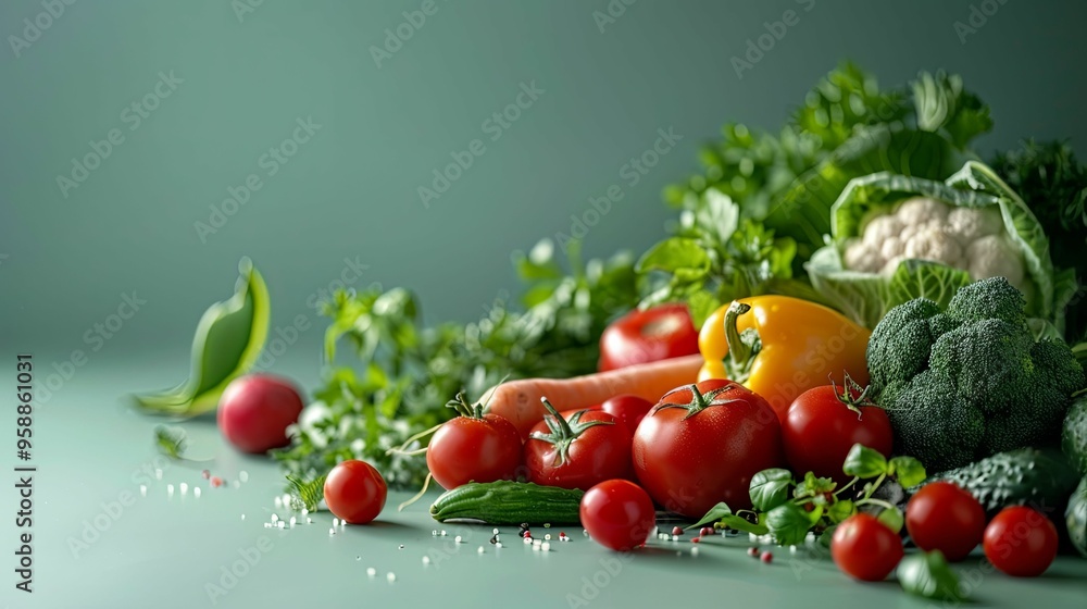 Fresh Vegetables and Herbs on a Green Background Fresh Vegetables and Herbs on a Green Background