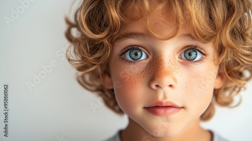 Portrait of a Young Boy with Curly Hair and Blue Eyes