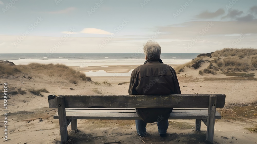 Man Sitting on Bench Looking at Ocean Man Sitting on Bench Looking at Ocean