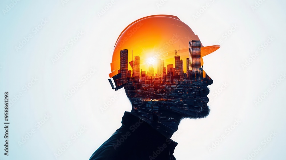 Silhouetted worker with a welding torch, double exposure of construction site and city skyline blending with mechanical gears Silhouetted worker with a welding torch, double exposure of construction site and city skyline blending with mechanical gears