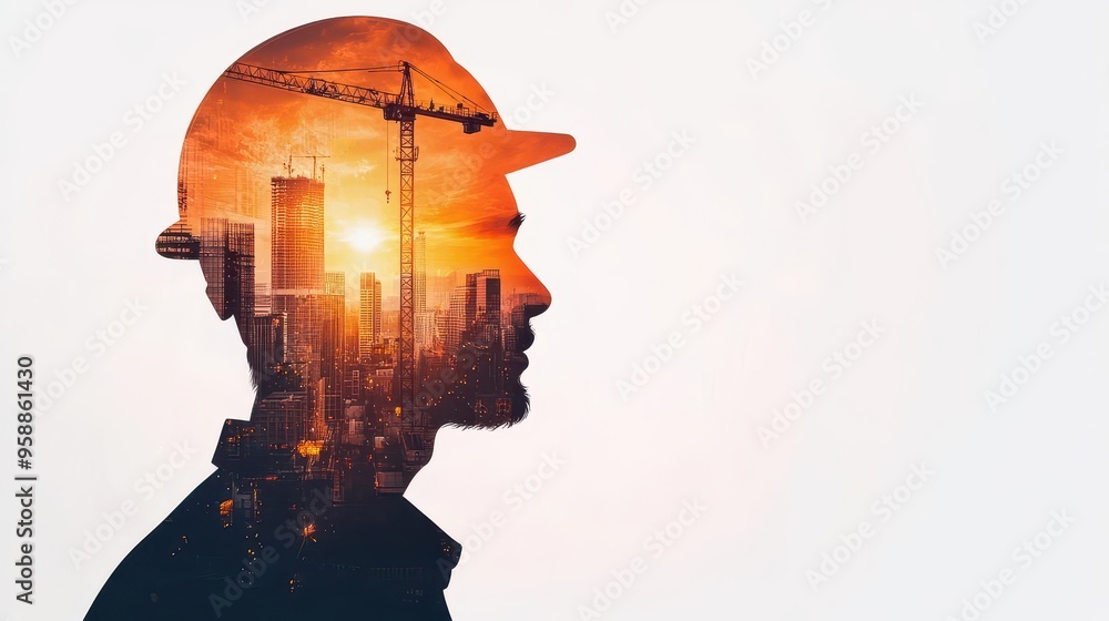 Worker silhouette with a crane in the background, city lights blending with construction site details, double exposure Worker silhouette with a crane in the background, city lights blending with construction site details, double exposure