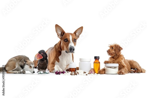 Fototapeta Naklejka Na Ścianę i Meble -  Homeopathy for animals banner, white background, Dogs, cats, horses, farm animals, birds generative ai