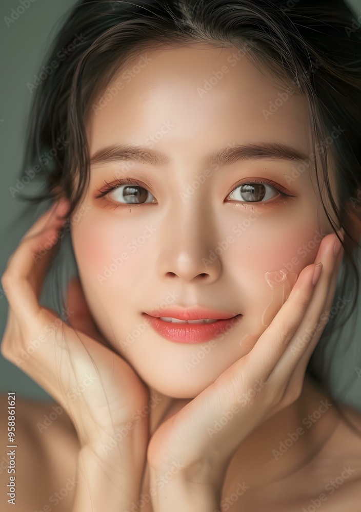 Beautiful Asian Woman With Makeup and Skincare Product on Her Face Beautiful Asian Woman With Makeup and Skincare Product on Her Face