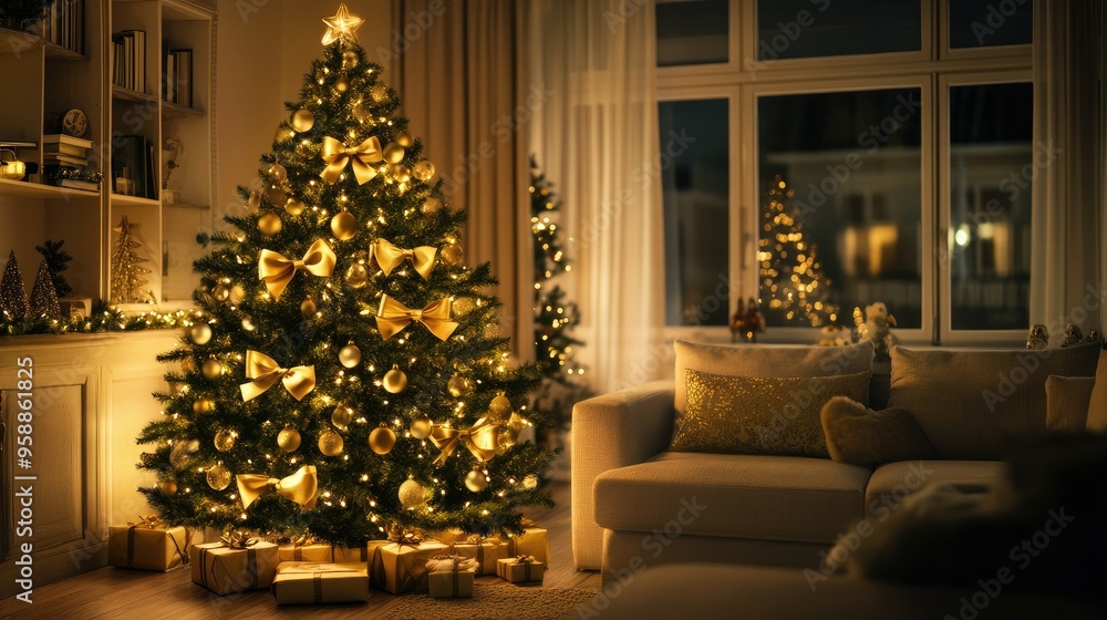 A Christmas tree adorned with golden bows and ornaments, glowing warmly in a cozy living room setting A Christmas tree adorned with golden bows and ornaments, glowing warmly in a cozy living room setting