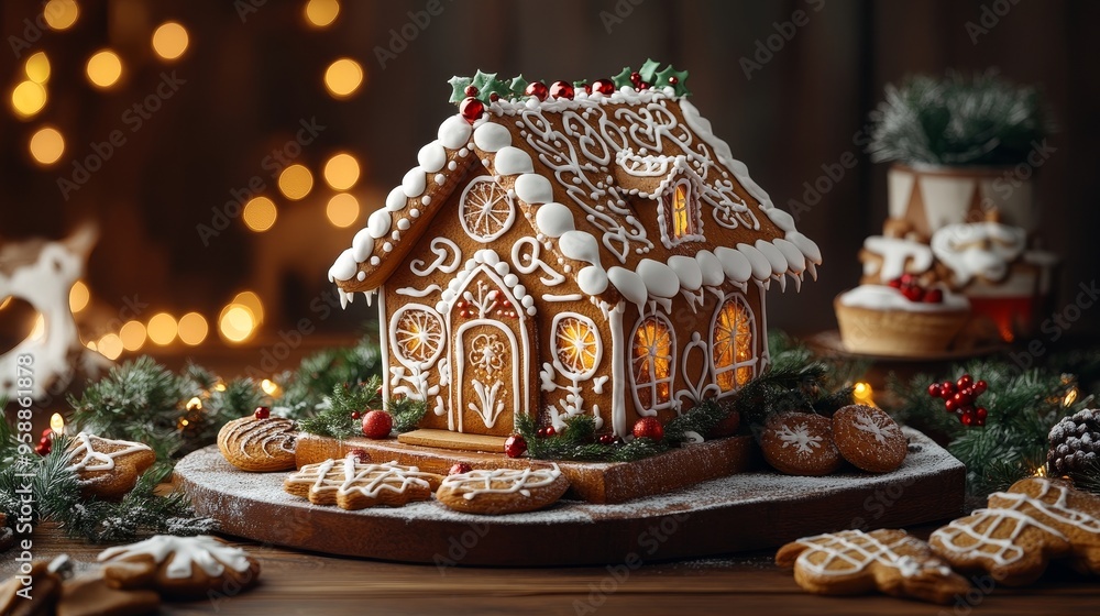 Gingerbread Dreams: A beautifully crafted gingerbread house glows with warmth amidst festive Christmas lights and treats, evoking the magic of the holiday season. Gingerbread Dreams: A beautifully crafted gingerbread house glows with warmth amidst festive Christmas lights and treats, evoking the magic of the holiday season.