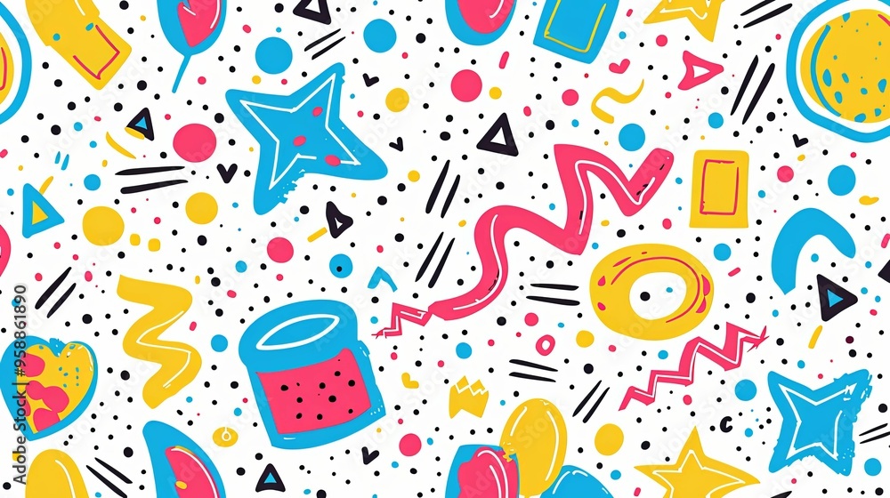 Abstract Seamless Pattern with Geometric Shapes, Stars, and Dots Abstract Seamless Pattern with Geometric Shapes, Stars, and Dots