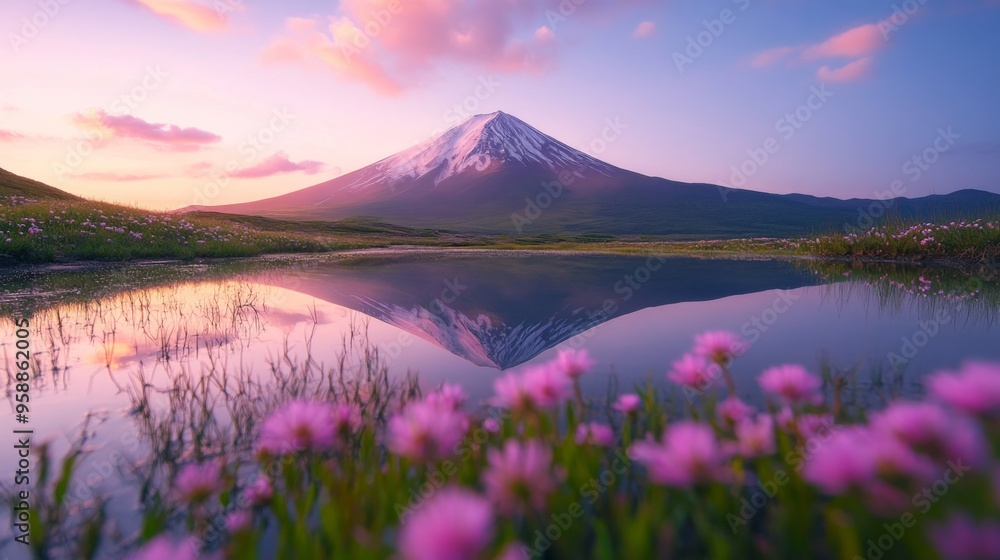 Snow-capped Mountain with Pink Floral Meadow at Sunset Snow-capped Mountain with Pink Floral Meadow at Sunset