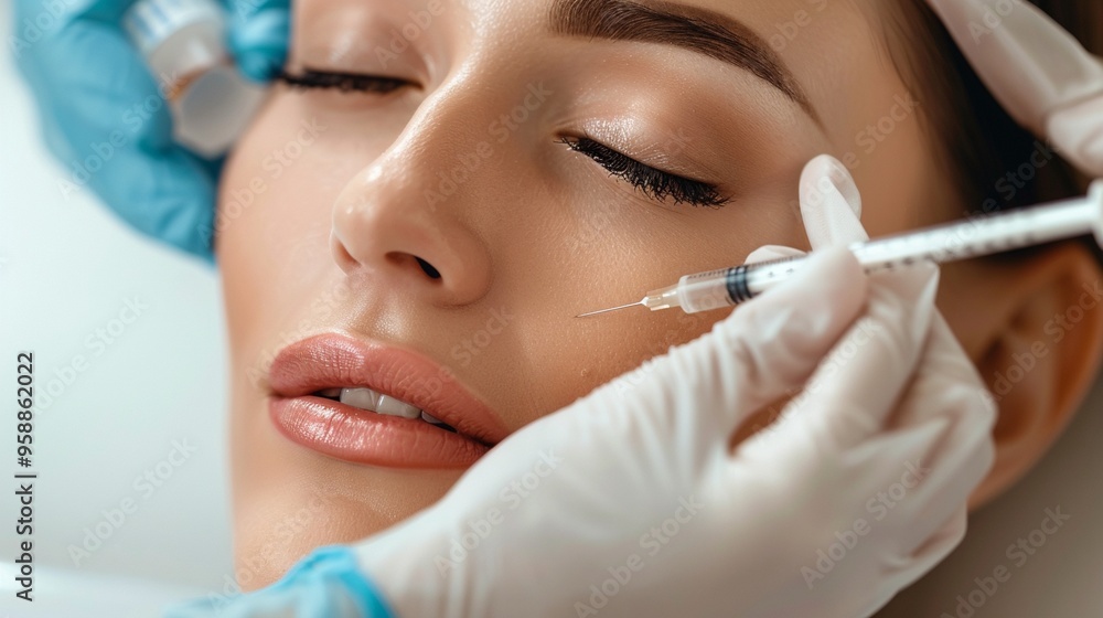 Close-up of a woman receiving cosmetic facial injection treatment, showcasing smooth skin and professional hands in blue gloves administering the procedure. Close-up of a woman receiving cosmetic facial injection treatment, showcasing smooth skin and professional hands in blue gloves administering the procedure.