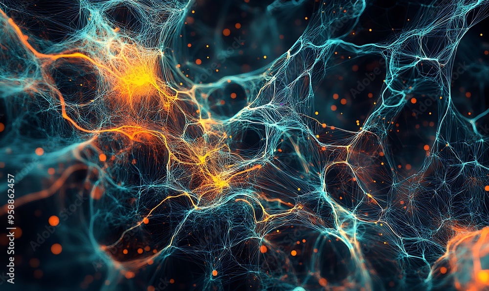 Abstract Digital Network with Orange and Blue Glowing Lines Abstract Digital Network with Orange and Blue Glowing Lines