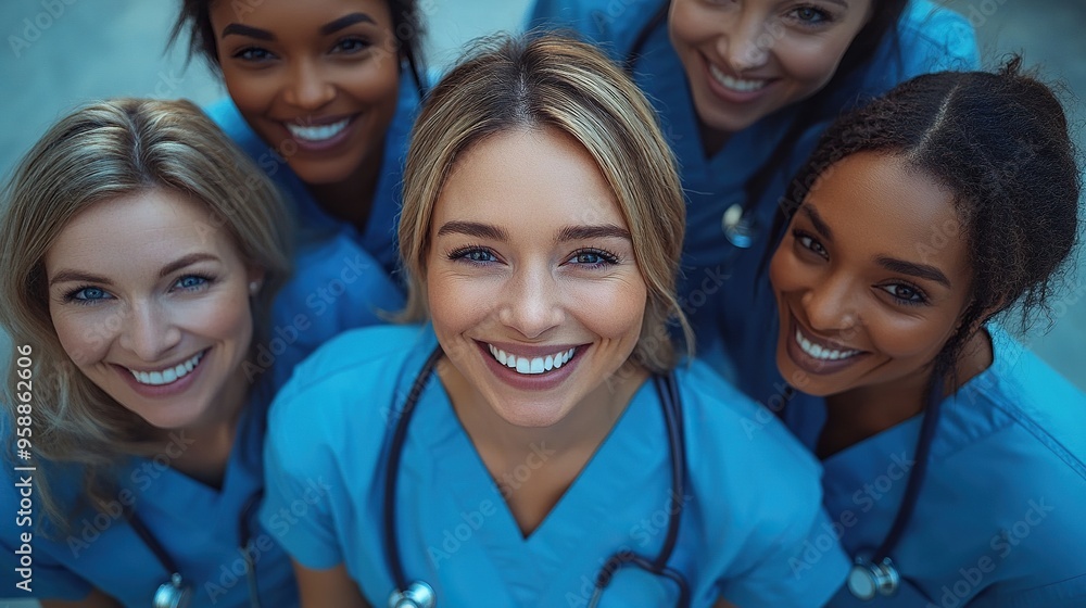 high angle view of happy doctors nurses and other medical staff in hospital high angle view of happy doctors nurses and other medical staff in hospital