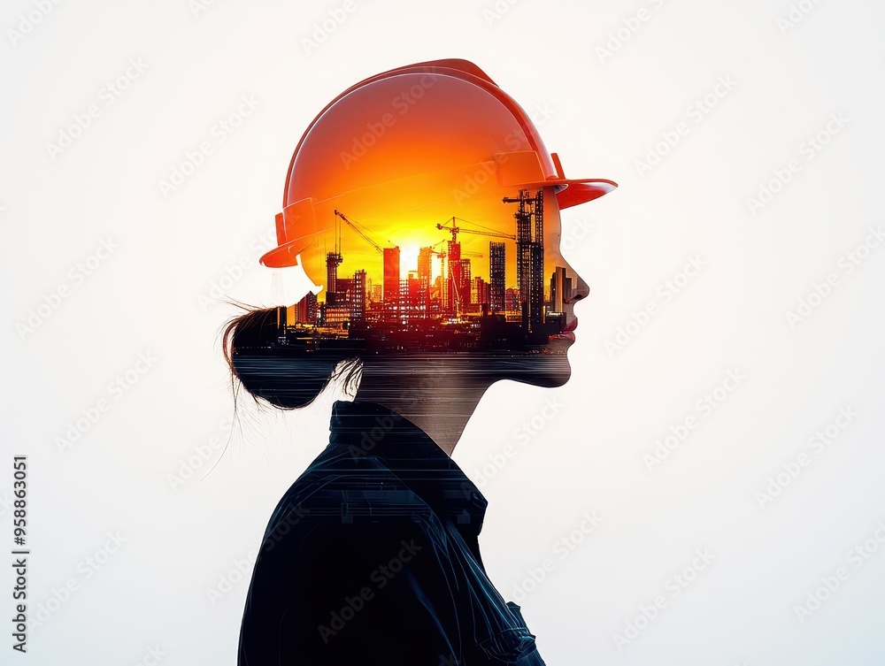 Silhouette of a worker in motion, double exposure of machinery and construction sites blending into a futuristic skyline Silhouette of a worker in motion, double exposure of machinery and construction sites blending into a futuristic skyline