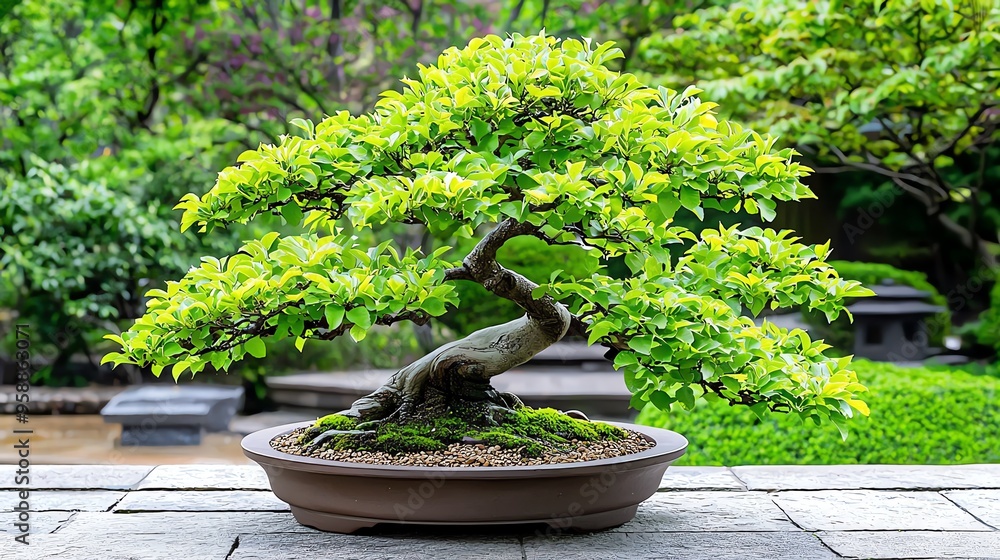 A beautifully crafted bonsai tree showcasing intricate foliage and a serene garden setting, perfect for nature enthusiasts. A beautifully crafted bonsai tree showcasing intricate foliage and a serene garden setting, perfect for nature enthusiasts.