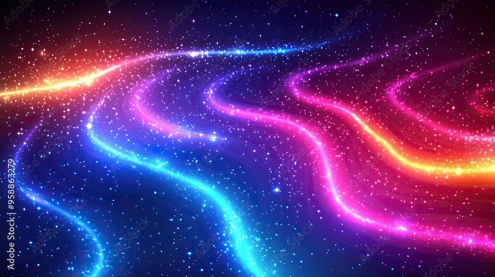 Obraz premium 3. A captivating vector illustration of glowing neon lines and sparkling stars, set against a dark blue, pink, and purple background. The curved light stripes form a fluid and energetic pattern,