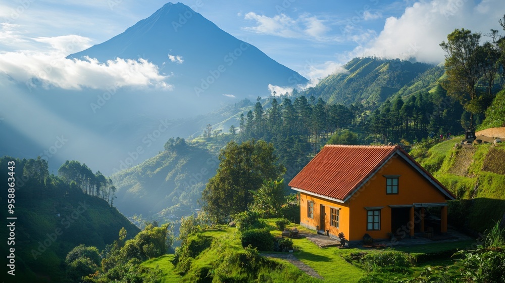 Obraz premium Mountain Retreat with Vibrant Cottage