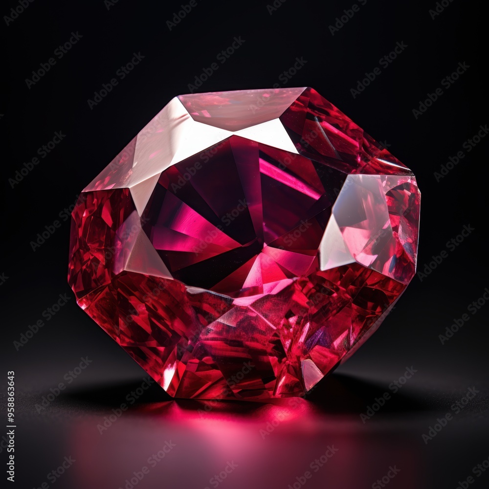 A closeup of a striking red ruby diamond on a black surface backgroung. the gemstone shimmers A closeup of a striking red ruby diamond on a black surface backgroung. the gemstone shimmers